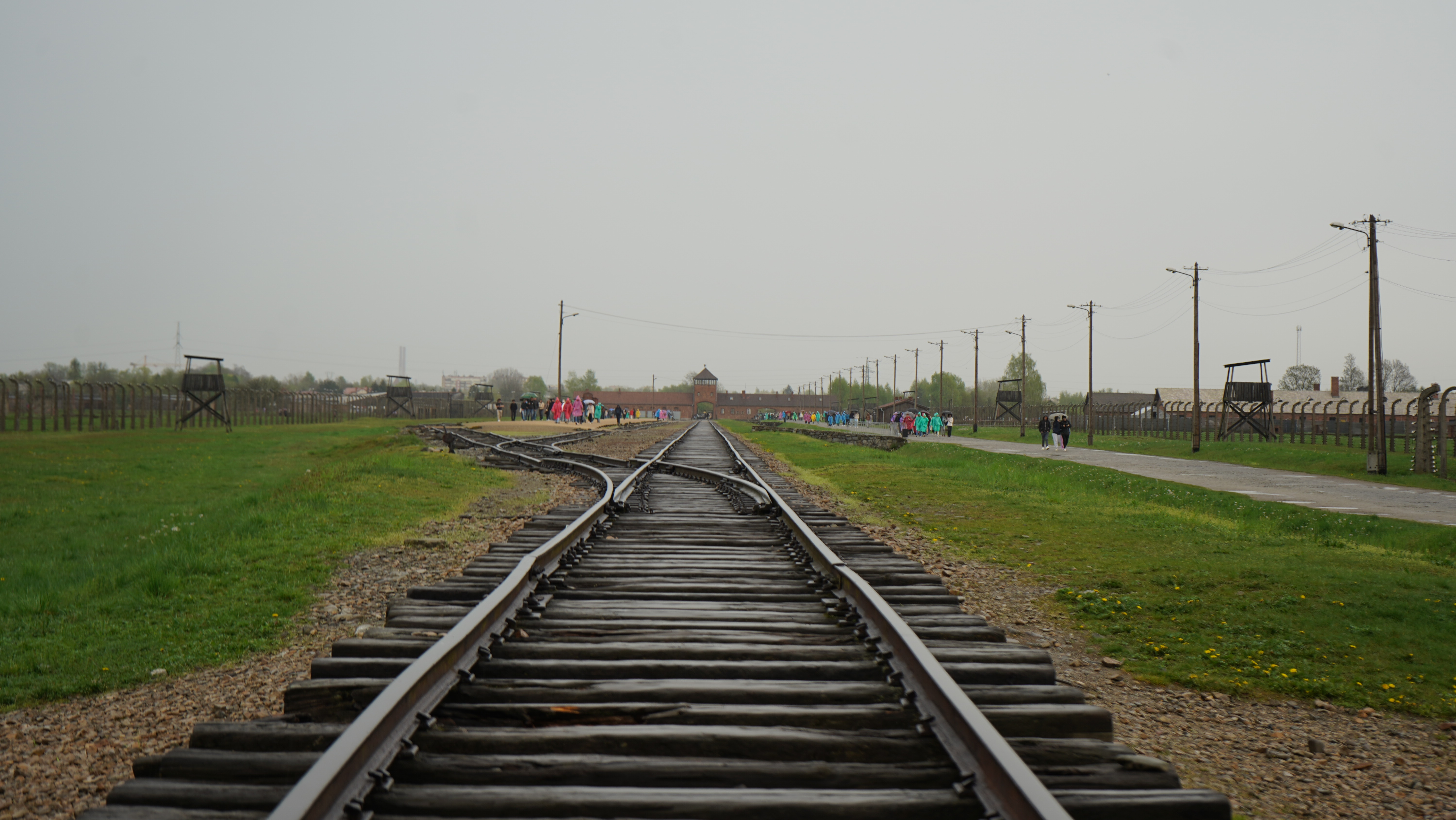  train tracks with grass and trees with Auschwitz concentration camp in the background